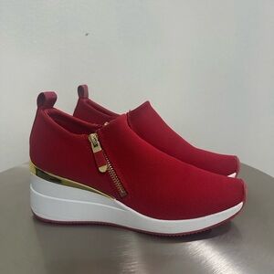 DKNY Red and Gold Slip-On Sneakers